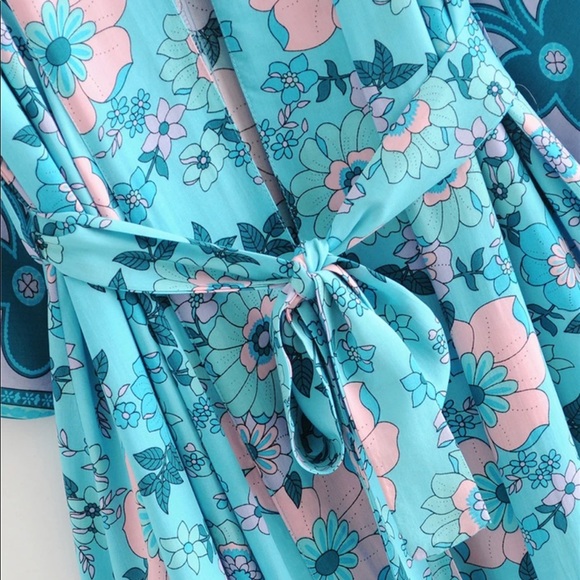 Blue Boho Kimono Floral Gypsy Print Maxi CoverUp - Picture 11 of 11
